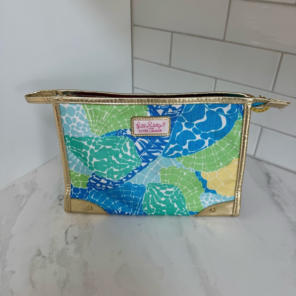 Lilly Pulitzer Blue Green Cosmetic Bag • Gold Trim • Travel Makeup Pouch